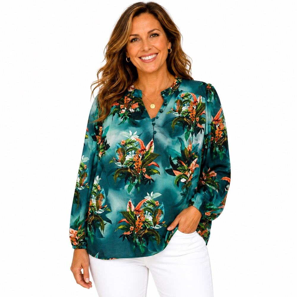INC International Concepts Teal Tropical Floral Cotton Blouse Sz M
